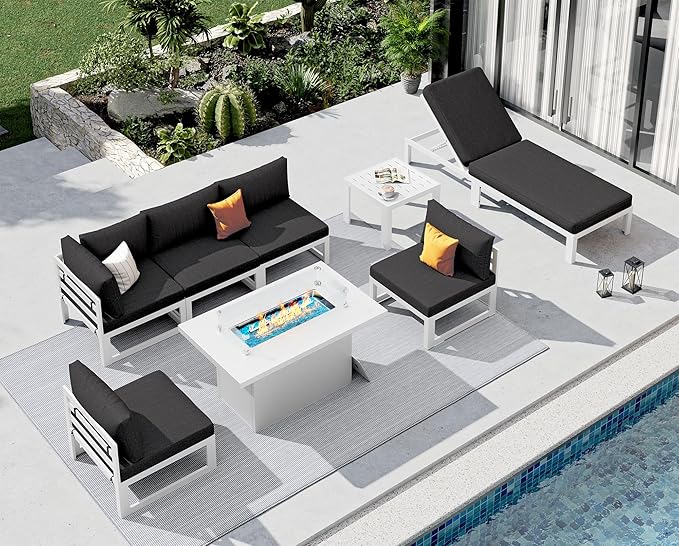 NICESOUL 6 People Large Luxury Aluminum Patio Conversation Set with Lounge & Fire Pit Table, 29" Deep Wide Modular Sectional Couch, 500 lbs Heavy Duty All Weather Outdoor Sofa for Poolside Deck, Black