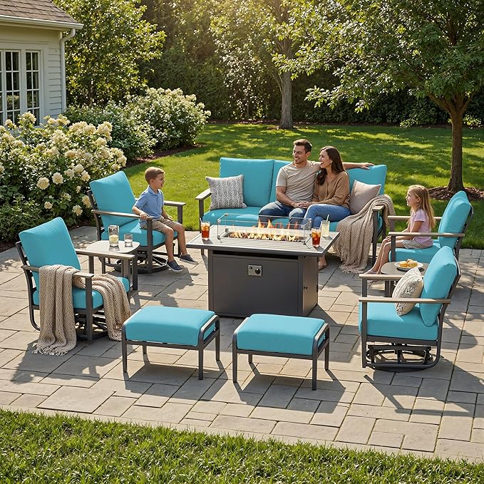 9-Seat Outdoor Patio Furniture Set with Rocking Swivel Chairs, Aluminum Sectional Sofa with Ottomans Patio Conversation Set with 55,000 BTU Fire Pit Table & High Backrest, Turquoise
