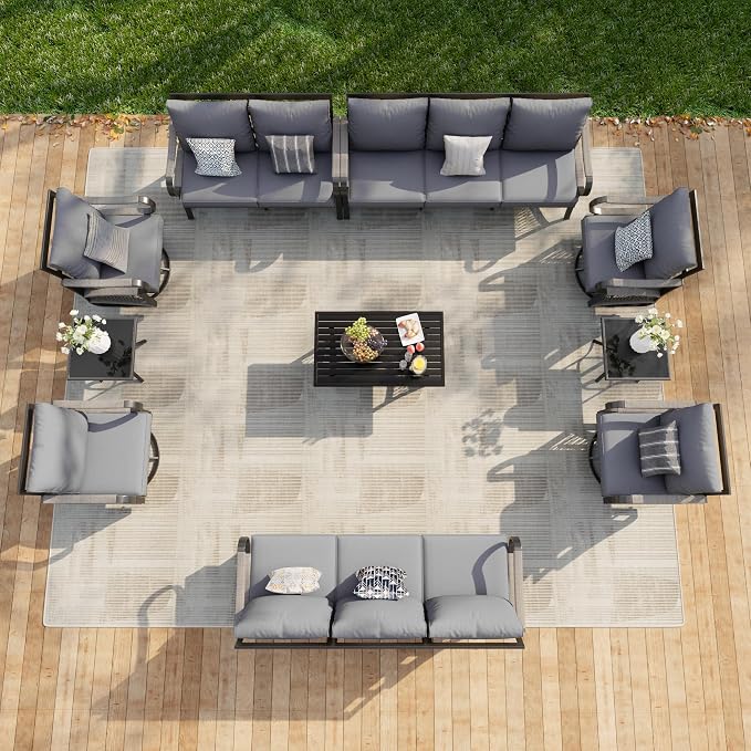 10-Piece Patio Conversation Sets, All Weather Metal Outdoor Furniture Set Includes 2 Three-Seater Sofa 4 Swivel Rockers with 2 Side Tables 1 Loveseat with Coffee Table for Deck Porch Poolside, Gray