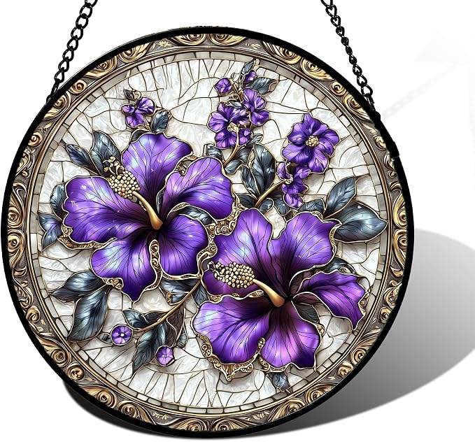 DASTOLL Stained Glass Window Hanging, Purple Flowers Romantic Suncatcher for Doors Home Sun Catchers Decoration and Christmas, Mother's Day Birthday Gifts for Women, Men, and Mom 6.3 in