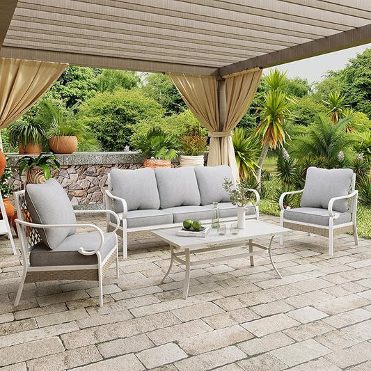 4 Piece Metal Patio Furniture Set, 5-Seat All Weather Outdoor Conversation Set with 3-Seat Sofa & 2 Fixed Chairs & 47'' Coffee Table, Outdoor Furniture Set for Backyard, Deck, Garden, White/Light Grey