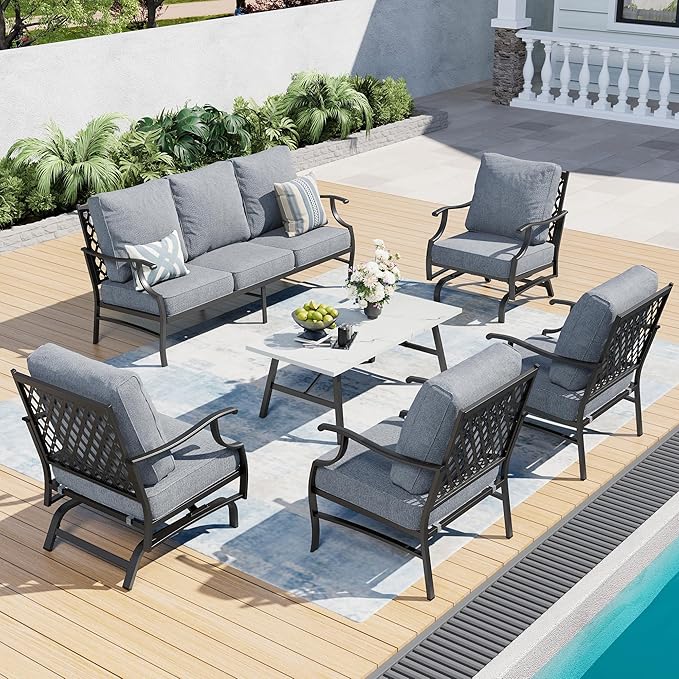 6 Piece Metal Outdoor Patio Furniture Set, Patio Conversation Set 1 3-Seater Sofa, 2 Rocking Chair, 2 Leg Chair with 5.75" Thick Cushion and Coffee Table, Backyard Furniture Set, Gray