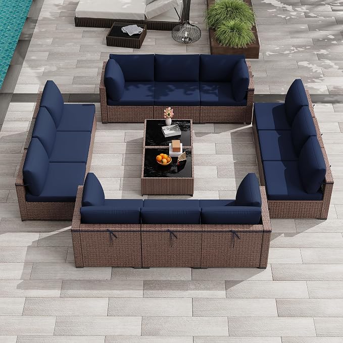 KIGOTY 14-Piece Patio Furniture Set, All-Weather PE Rattan Outdoor Sectional Sofa, Modular Wicker Conversation Set with Thick Cushions & Easy-Clean Coffee Table（Brown/Navy）