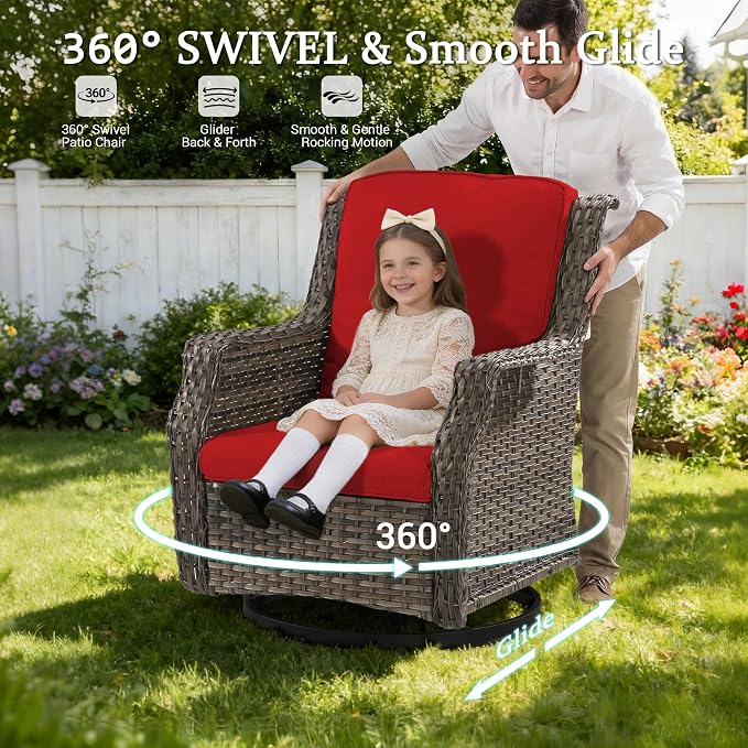 6 Pieces Patio Furniture Set, Outdoor Furniture Set with 2 Patio Swivel Rocking Chairs, 2 Ottoman, 1 Outdoor Wicker Sofa, 1 Metal Table, Ideal for Backyard, Garden, Poolside, Red