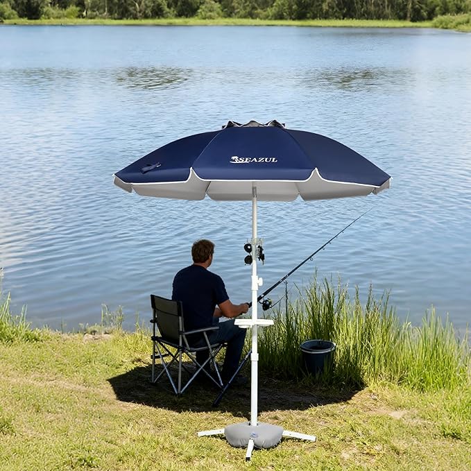 Seazul 6.5ft Sun Shade Umbrella, Portable Umbrella with Stand for Sports, Water Weight Bag, Adjustable and Lightweight, Sun Protection, Navy Blue