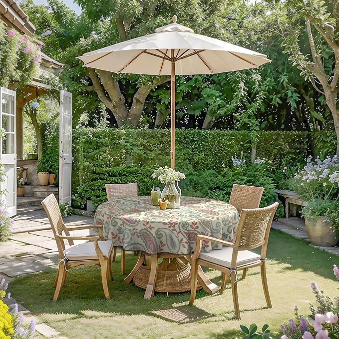 DYTXIII Outdoor Round Tablecloth with Umbrella Hole 60 Inch, Water Repellent & Fade Resistant Table Cover, All Weather Outdoor Tablecloth for Garden & Party Table, Paisley Vintage