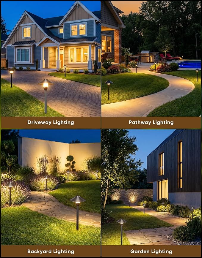 Low Voltage Landscape Lighting 12-Pack, Aluminum 12V Pathway Lights with G4 Bulbs, Waterproof Stylish Matte Black Color Round Shade Path Lights with Connectors for Walkway Yard Garden