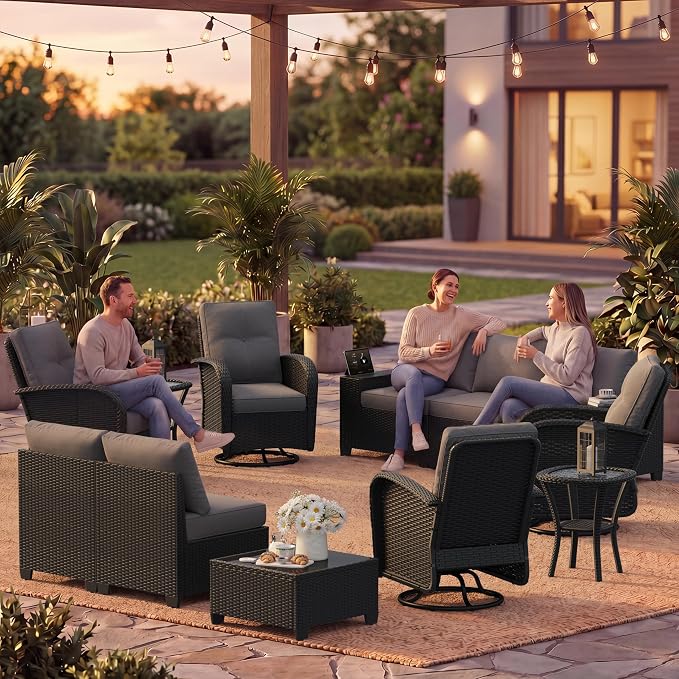 LazySunsets 12 PCS Patio Furniture Set, Outdoor Sectional All-Weather Wicker Conversation Set with Swivel Rocker Chairs, 4'' Thick Cushions for Backyard Poolside(Crey/Black)
