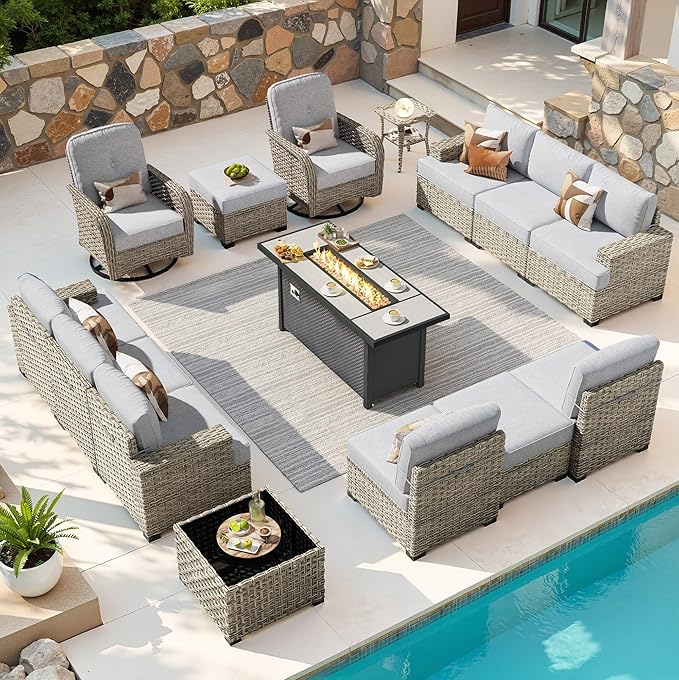 15-Piece Outdoor Sectional Sofa Set w/ 54" Fire Pit – L-Shaped Wicker Patio Furniture, Deep Seating & Swivel Rockers, Grey
