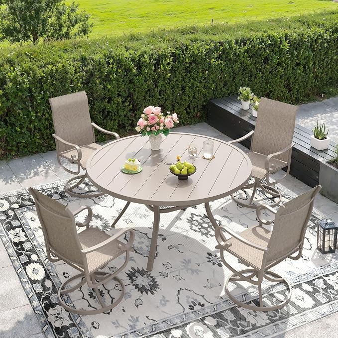 DIFY 7 Piece Outdoor Dining Set for 6, 53.1" Round Metal Dining Table with Umbrella Hole and Swivel Patio Chairs with Textilene Fabric, Patio Table and Chairs Set for Garden Backyard Deck, Sandshell