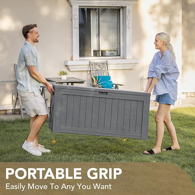 Devoko 120 Gallon Deck Box Resin Outdoor Storage Box Waterproof for Patio, Large Outdoor Storage Bench Lockable for Outside (Grey)