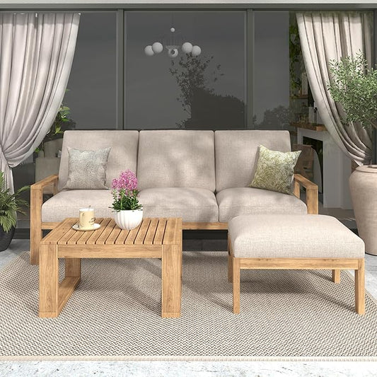 Christopher Knight Home Kayahs 3 Pieces Acacia Wood Furniture Set, Patio Conversation Sofa with Coffee Table and Ottoman, Outdoor 3-Seater Sofa Set for Backyard Balcony Gardern, Teak Finish+Beige