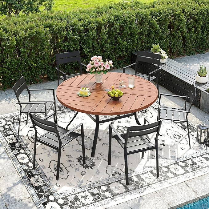 DIFY 7 Piece Outdoor Patio Dining Set for 6, 47.2" Round Dining Table with Umbrella Hole and Stackable Metal Chairs, Patio Table and Chairs Set for Backyard Garden Poolside, Walnut & Black