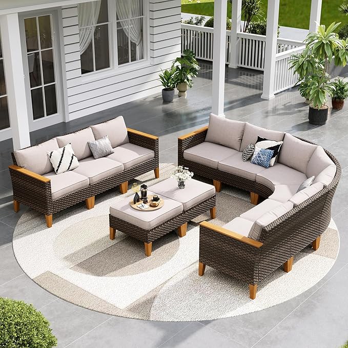 Sophia & William Outdoor Wicker Sectional Sofa Set, Half Moon Curved Patio Furniture Set with Ottman, High Back Patio Rattan Conversation Set for Porch, Garden,Pool(Beige, 11 Piece)