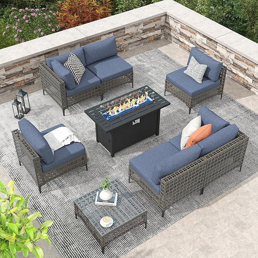 Patiorama 8 Piece Wicker Patio Furniture Set with 45” Fire Pit Table, Metal-Colored PE Rattan Outdoor Sectional Sofa, 50000 BTU Propane Fire Pit w/Wind Guard,Cover,Water Resistant Cushion-Denim Blue