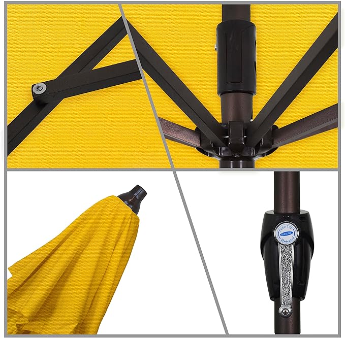 California Umbrella 7.5' Round Sunbrella Aluminum Outdoor Deck, Pool or Patio Umbrella, Crank Lift, Auto Tilt, Bronze Pole, Sunflower Yellow