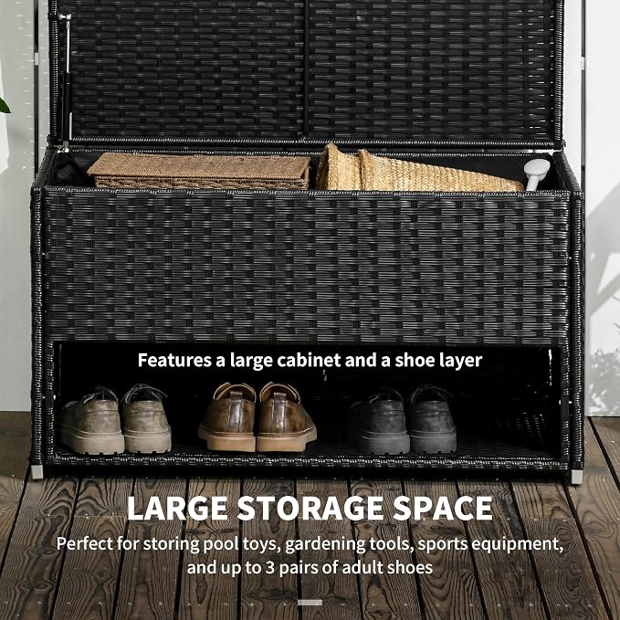 Outdoor Deck Box Shoe Storage, PE Rattan Wicker Towel Rack with Liner for Indoor, Outdoor, Patio Furniture Cushions, Pool, Toys, Garden Tools, Black