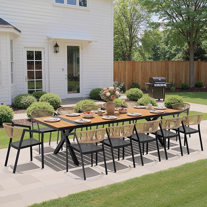 Pellebant Aluminum 13-Piece Outdoor Dining Table Set for 8-12 Person | Patio Stackable Chair with U-Shaped Wicker Backrest, 118" Table with Wood-Grain Top & Umbrella Hole, Aluminum Frame Furniture