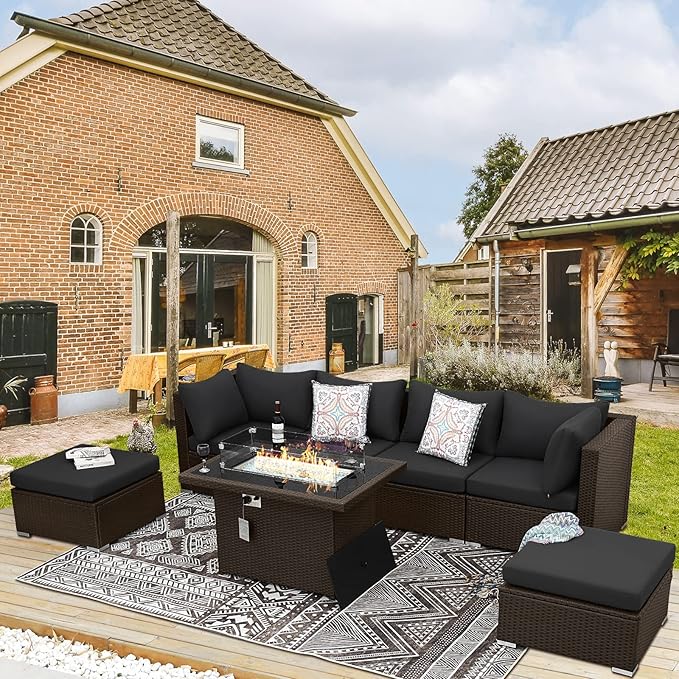 BULEXYARD 7 Pcs High Back Patio Furniture Set with Fire Pit Table Propane/Natural Gas Dual Fuel, Heavy Duty Outdoor Sectional Couch, Comfy Backyard Seating for Exterior, Brown Wicker & Black Cushion
