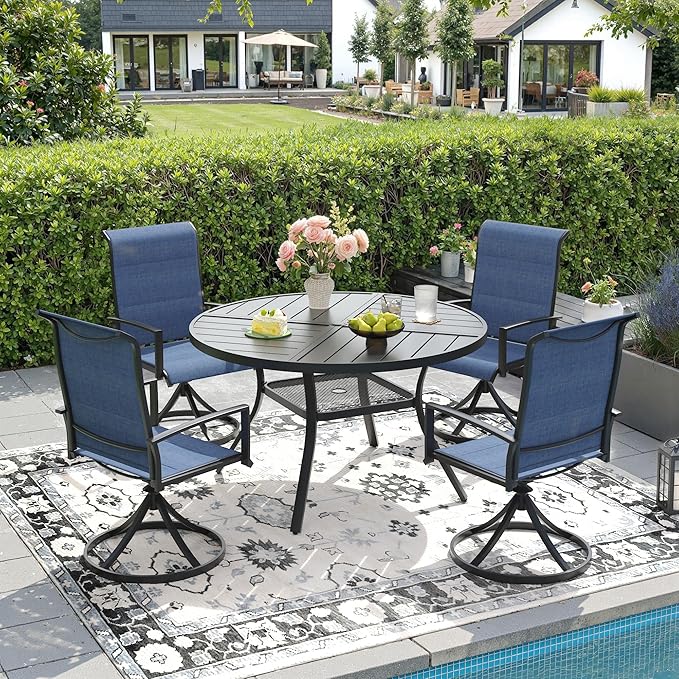 DIFY 5 Piece Outdoor Dining Set, Metal Patio Table and Chairs Set, 40.6" Black Round Dining Table & 4 Blue Padded Textilene Swivel Patio Chairs, Outdoor Furniture Set for Garden Backyard Porch