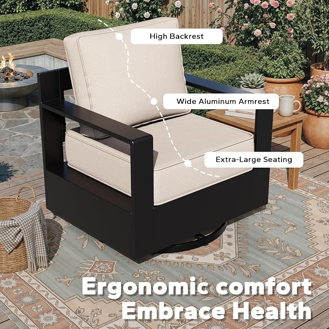 Outdoor Aluminum Furniture Set, 6-Piece Patio Conversation Set, 2 Swivel Chairs, 2 Chairs,1 Sofa and 1 Fireplace, All-Weather Metal Frame, 6" Thick Removable Cushions, Deep Setting for Porch