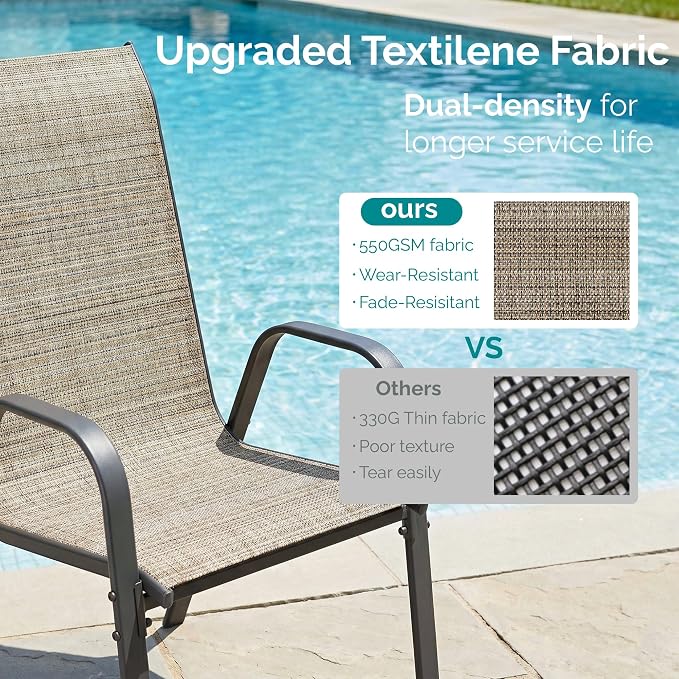 MAMIZO 7 Pieces Patio Dining Set for 6, Outdoor Table and Chairs w/Rectangle Glass Table and 6 Textilene Stackable Chairs, Patio Furniture Set w/1.69" Umbrella Hole (Black Table & Brown Chair)