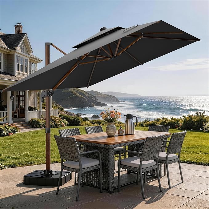 10x13FT Cantilever Outdoor Patio Umbrellas, Double Top Wood Pattern Rectangle Umbrella, Heavy Duty 360°Rotation Offset Umbrella for Garden Deck Pool Patio, Black