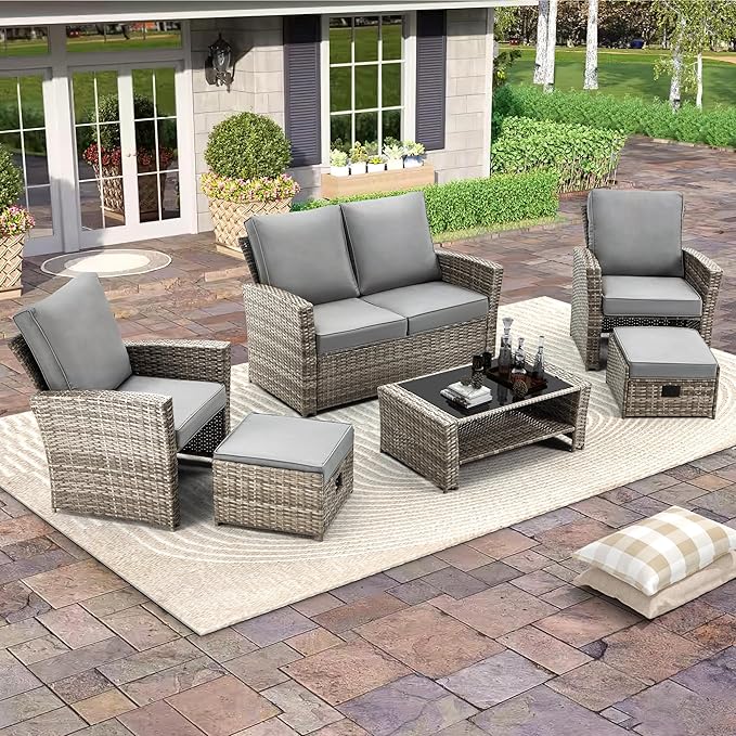HOMREST 6 Piece Patio Conversation Set, Outdoor Sectional Conversation Rattan Sofa Set with Ottoman and Outdoor Storage Table for Garden, Porch, Backyard (Grey)