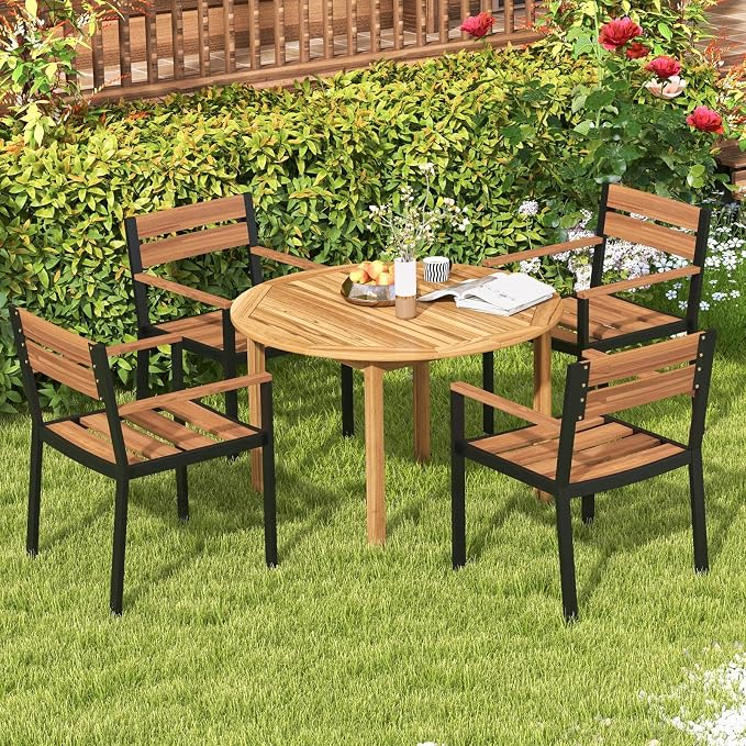 SlickBlue Round Patio Dining Table for 4, Acacia Wood, Indoor and Outdoor Use