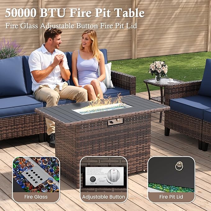 Amopatio Patio Furniture Set, 5-Piece Wicker Outdoor Sectional Sofa with Swivel Rocker Chairs, All-Weather Rattan Conversation Set with Fire Pit Table and Waterproof Cover for Backyard Brown/Navy