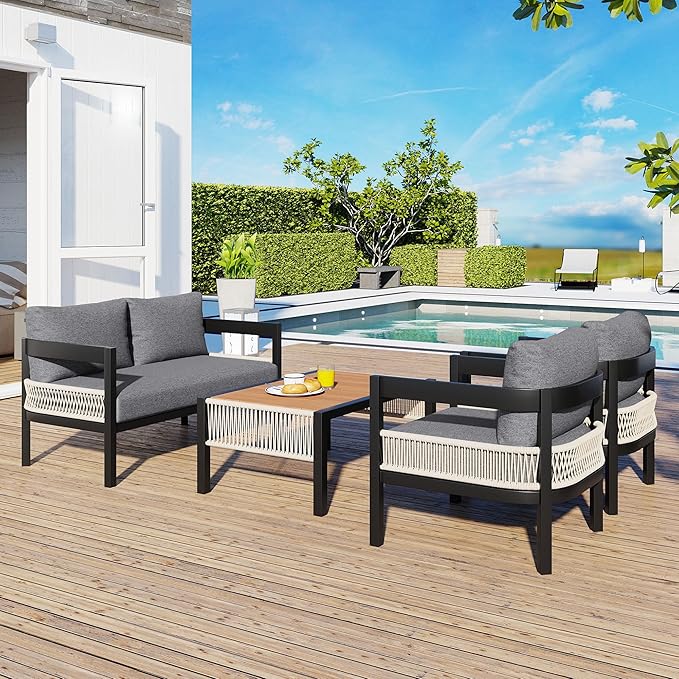 4 Piece Outdoor Iron Sofa Set with A Table, PE Rattan Patio Furniture Sets with Double and 2 Single Seats, Multi-Person Conversation Set for Garden, Lawn Use (Gray/92)