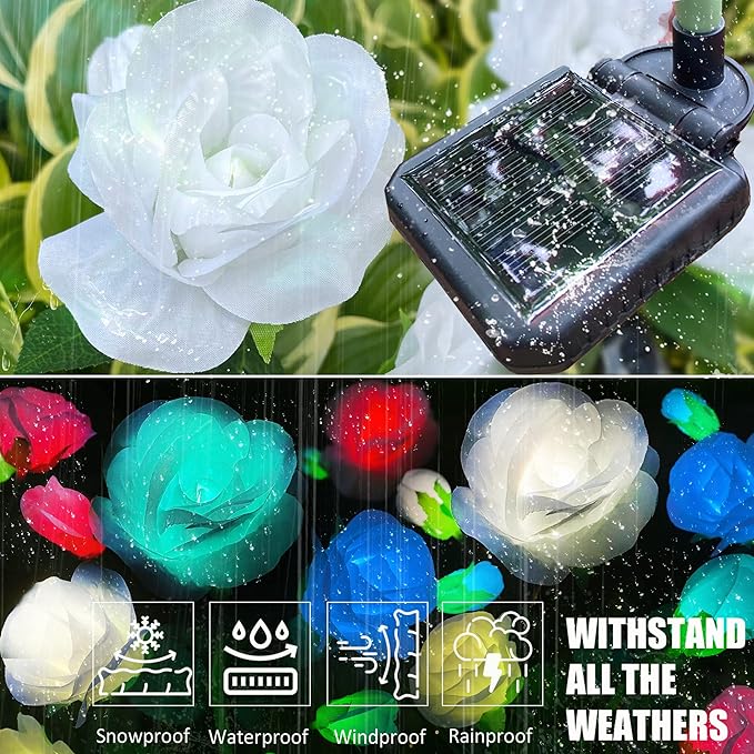 10 LED 7-Color Changing Solar Rose Flower Lights Garden Decorations Outdoor Waterproof Decorative Stake Lights for Patio Pathway Yard Lawn Cemetery Decor(2 PCS White)