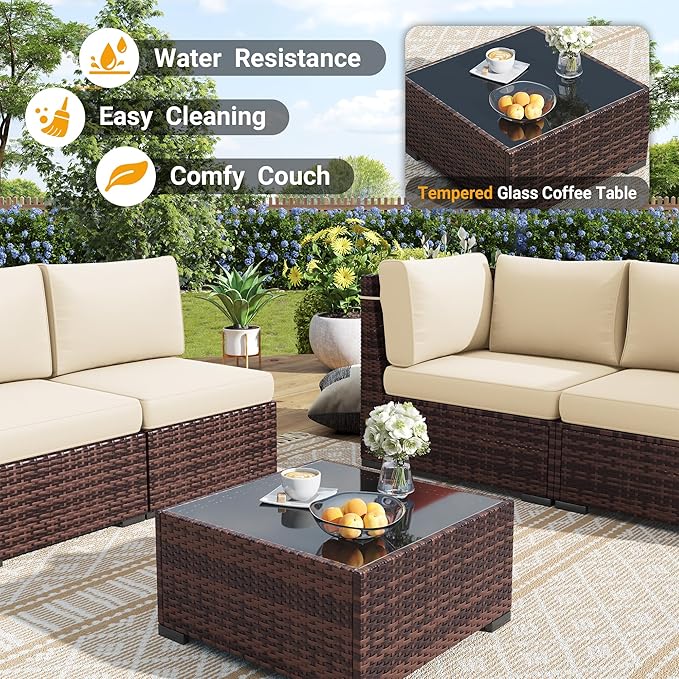 Outdoor Patio Furniture Set with 44" Fire Pit Table 8 Pieces Rattan Patio Sectional Sofa Conversation Set w/55000 BTU Propane Gas Fire Pit, Coffee Table, 2 Waterproof Covers, Khaki