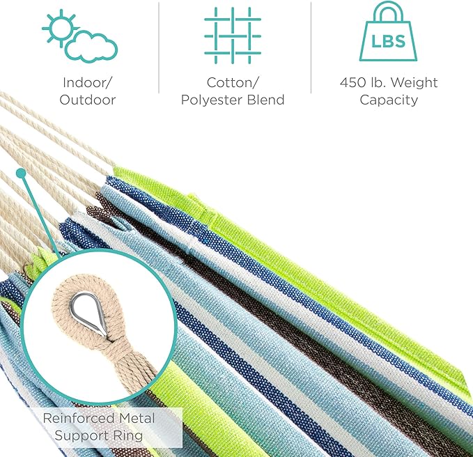 Best Choice Products Double Hammock with Steel Stand, Indoor Outdoor Brazilian-Style Cotton Bed w/Carrying Bag, 2-Person Capacity - Blue/Green Stripes