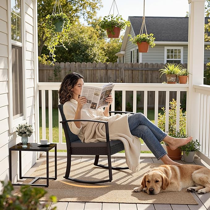 Greesum 3 Pieces Outdoor Furniture Set Patio Bistro Rocking Chairs with Glass Coffee Table for Pool Beach Backyard Balcony Porch Deck Garden, Gray