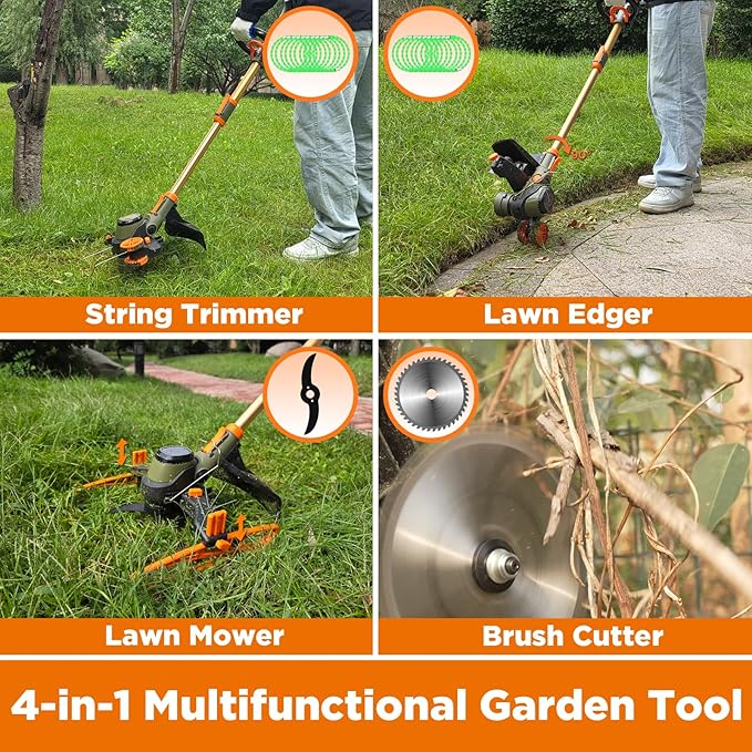 14" Electric Weed Wacker, 4 in 1 Cordless String Trimmer/Lawn Edger/Lawn Mower/Brush Cutter with Steel Gears, 2×21V 6.0Ah Batteries & Charger, Lightweight Grass Trimmer for Yard Garden