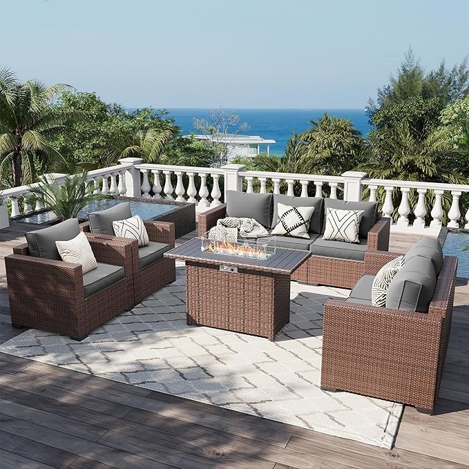 Patio Furniture Set with Fire Pit Table, 5 Pieces Outdoor Furniture Sets, Wicker Patio Conversation Sets w/Waterproof Covers for Backyard, Porch, Balcony, Poolside Dark Grey