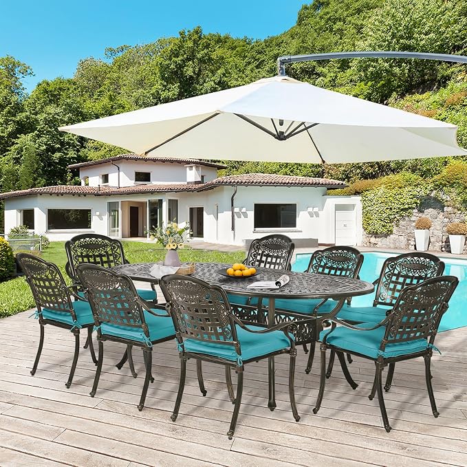 9-Piece Patio Dining Set, Outdoor Patio Table and Chair Set of 84” Oval Cast Aluminum Dining Table with Umbrella Hole and 8 Outdoor Dining Cushion Chairs, Patio Funiture Set for Garden, Blue