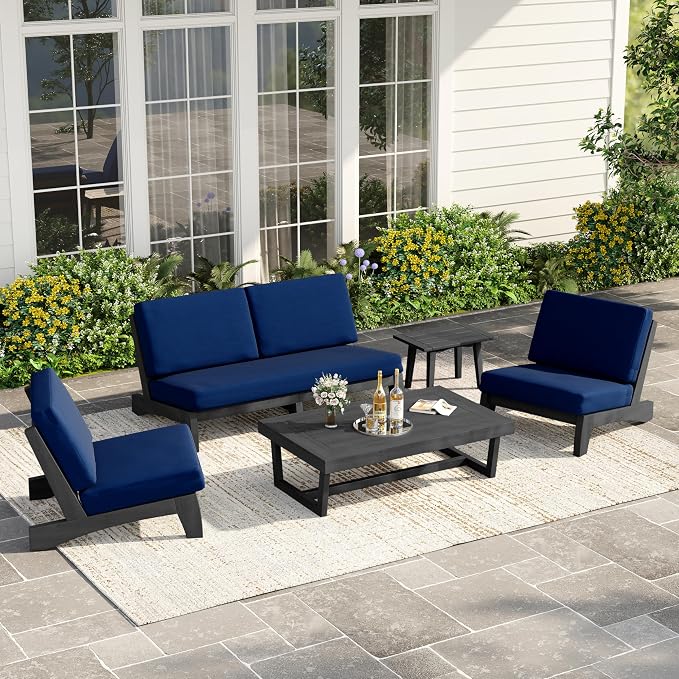 4 Piece Teak Outdoor Patio Frutnire Set, 5 Seater Patio Conversation Sets with Thick Cushions, Outdoor Sectional Furniture with Coffee Table - Navy Blue