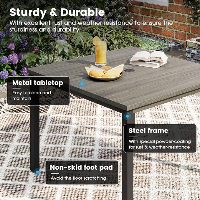 DIFY 5 Pieces Patio Dining Set, 40.2" Grey Wood-Like Square Dining Table with Umbrella Hole and 4 Sandshell Swivel Patio Chairs, All Weather Metal Outdoor Dining Furniture Set for Lawn Garden Balcony