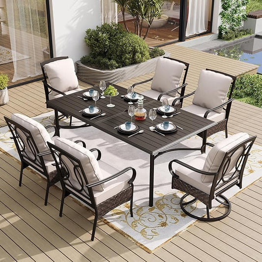 SUNSHINE VALLEY 7 Piece Patio Dining Set for 6, Outdoor Table and Chairs with Cushioned Wicker Swivel & Leg Patio Chairs & Black Dining Table (1.57-1.9”Umbrella Hole), Outdoor Dining Sets for Backyard