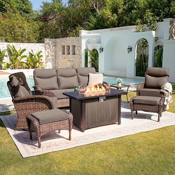 Belord Upgraded 6“ Cushion Luxury Patio Furniture Set with Fire Pit Table - 7 Piece Wicker Furniture Set with High Back Swivel Rocker Patio Chairs, Conversation Set for Deck Porch Yard - Brown/Grey