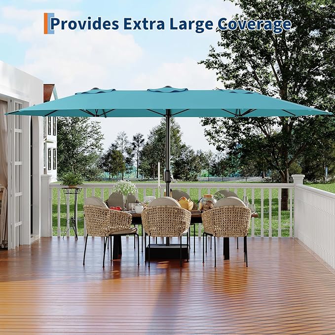 KYBOLT 15 Ft Large Patio Umbrella with Base Included, Outdoor Double-Sided Rectangle Umbrella with Crank Handle, Outdoor Umbrella for Backyard, Pool, Patio,