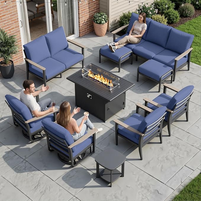 Aluminum Outdoor Patio Furniture Set, 10-Piece Sectional Sofa with 5.1" Thick Cushions, Swivel Rocking Chairs, 55,000 BTU Fire Pit Table, Outdoor Couch for Backyard, Deck, Navy Blue