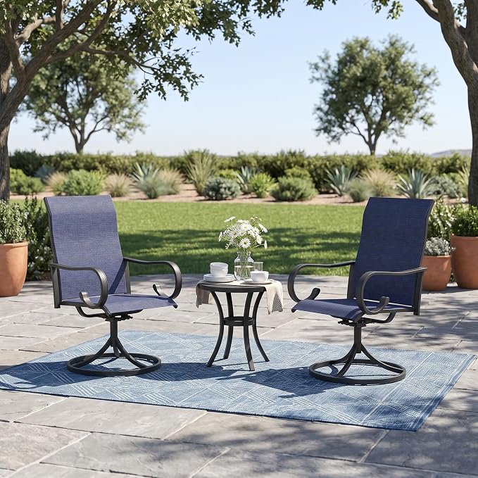 3 Pieces Patio Dining Set, 2 Outdoor Swivel Dining Chairs with 18.5" Round Outdoor Dining Table, All Weather Textilene Patio Chairs and Metal Table for Garden Backyard, Dark Blue & Black