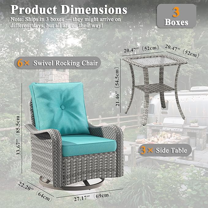 9 Piece Wicker Patio Furniture Set, Swivel Rocking Chairs with 4''Cushions, PE Rattan, Rust Resistant Frame, Double Layer Glass Side Table, for Backyard, Deck or Balcony, Blue