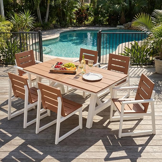 Costaelm Stinson 7-Piece Outdoor HDPE Patio Dining Table Set with Umbrella Hole & Dining Chairs for 6, Teak