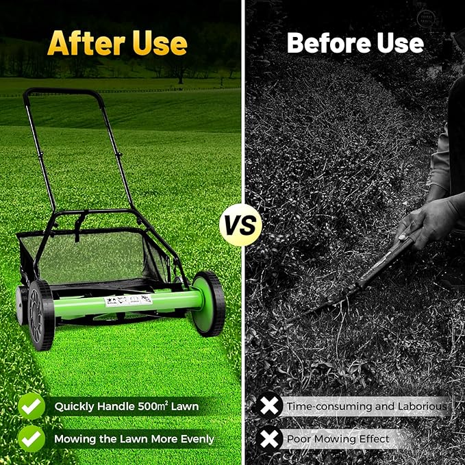20 Inch Reel Lawn Mower 9 Gears Outdoor Push Reel Lawn Mower Manual Lawn Mower Grass Cutter Machine Adjustable Height with 5 Blades and Collection Box for Park Greening Yards Factory Greening