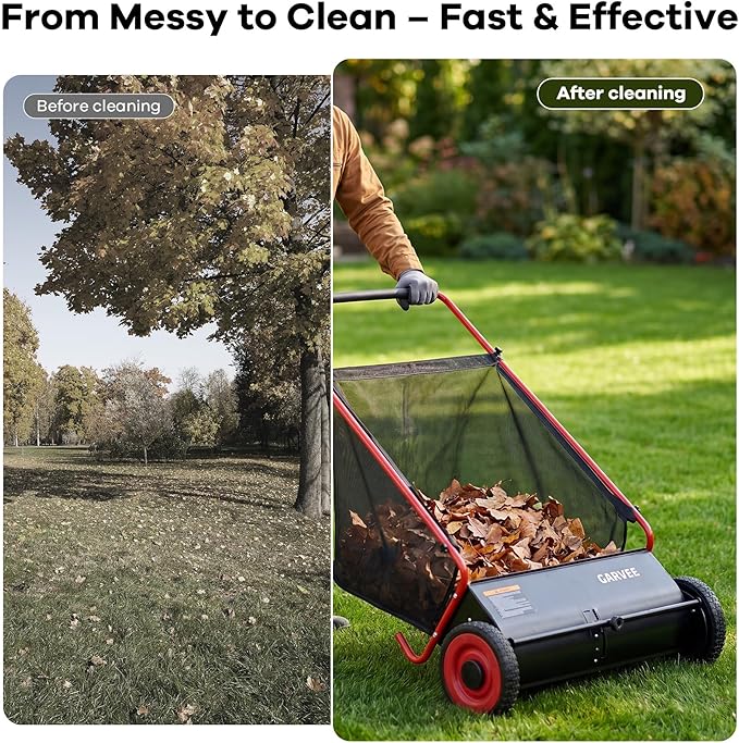 Garvee Push Lawn Sweeper, 26 in Leaf & Grass Collector with 7 Cu. ft. Hopper Bag, 4 Spinning PP Brushes, Durable Steel Construction, Adjustable Height & Rubber Tires for Leaves Grass Cleanup