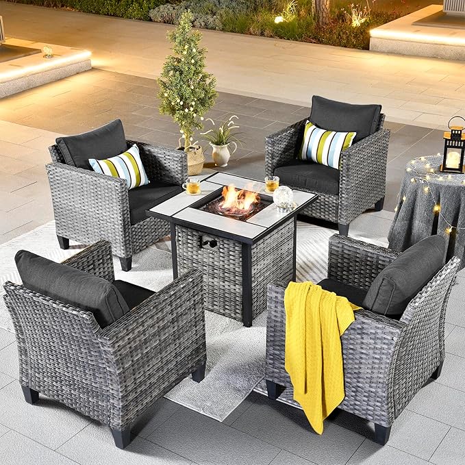 ovios 5 Pieces Patio Furniture Set, Outdoor Wicker Rattan Chairs of 4 with 30" Fire Pit Table, High Back Chair Conversation Sets for Porch Deck Garden, Black